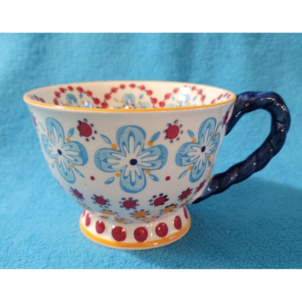 Anthropologie Elka Ayaka Blue Floral Footed Pedestal Mug Cup Twisted Blue Handle